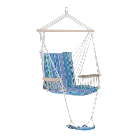 Outsunny Hanging Rope Chair with blue striped padded seat and backrest, suspended from a wooden bar