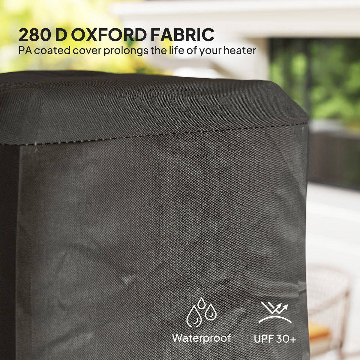 Close-up of the outdoor heater cover showing fabric texture and symbols