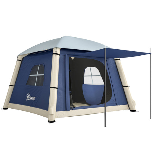 Outsunny Inflatable Camping Tent w/ Hand Pump, a dark blue and cream blow up tent with a light blue roof and awning
