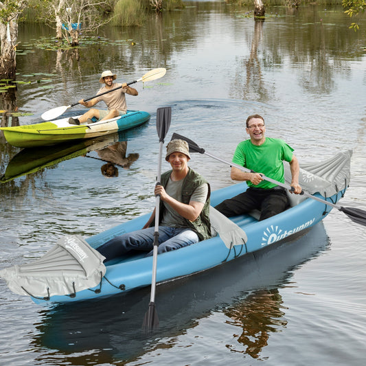 Two men enjoying a ride on the blue inflatable canoe on a calm lake