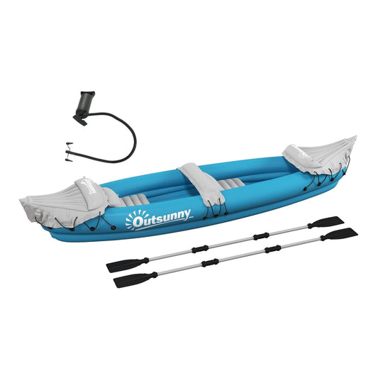Outsunny Inflatable Kayak, a blue two-person inflatable canoe with oars and a pump laid out on a white background