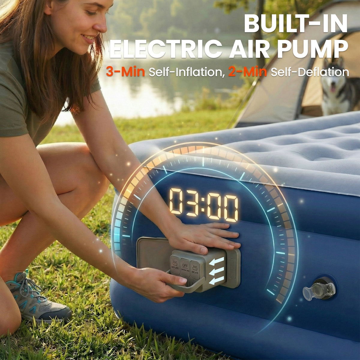 Close up of the electric pump on the air bed with a digital timer display