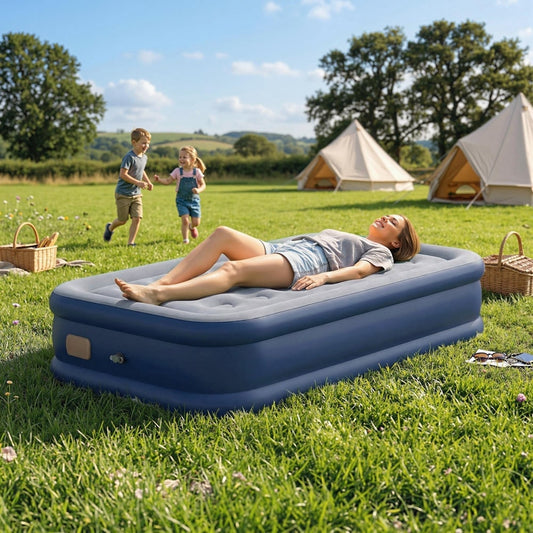 The single air bed with a flocked surface, set up on grass with tents and children playing in the background
