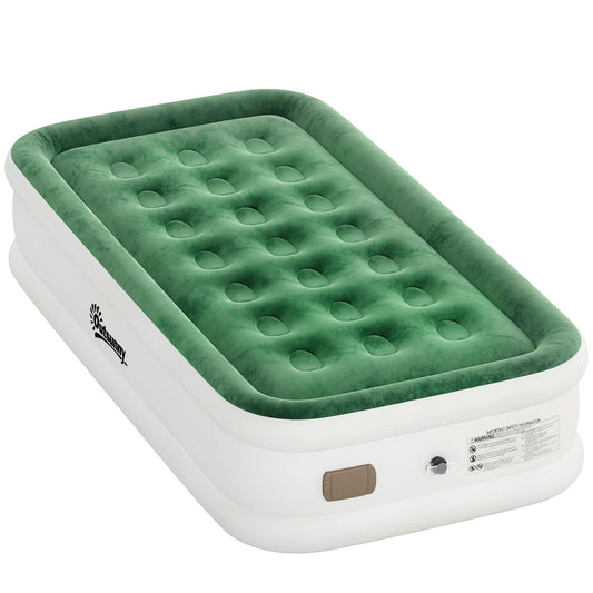 Outsunny Inflatable Mattress, a single air bed in dark green with a white base and flocked surface