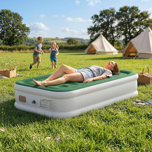Outsunny Inflatable Mattress, a woman relaxing on the single air bed outdoors in a grassy field with tents and children