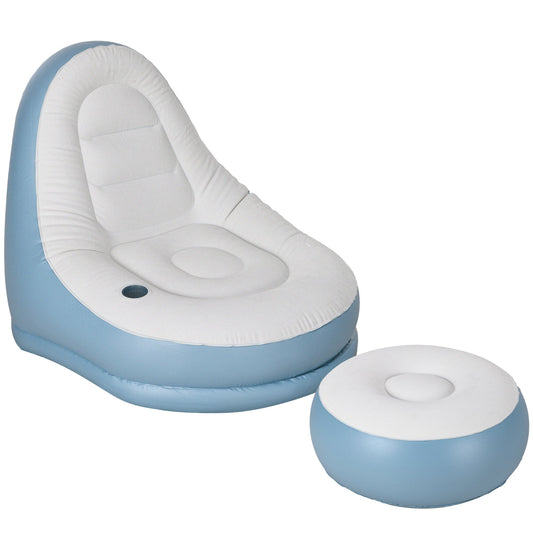 Outsunny Inflatable Tub Chair and Footstool in blue and white on a plain white background