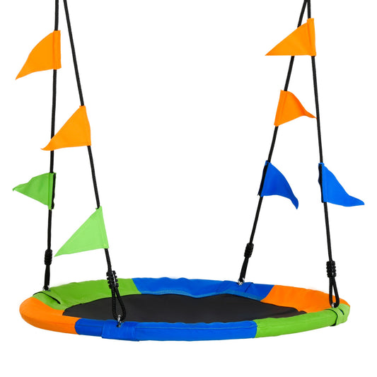 Outsunny Kid Nest Swing Seat Saucer Tree with colourful flags attached to the suspension ropes