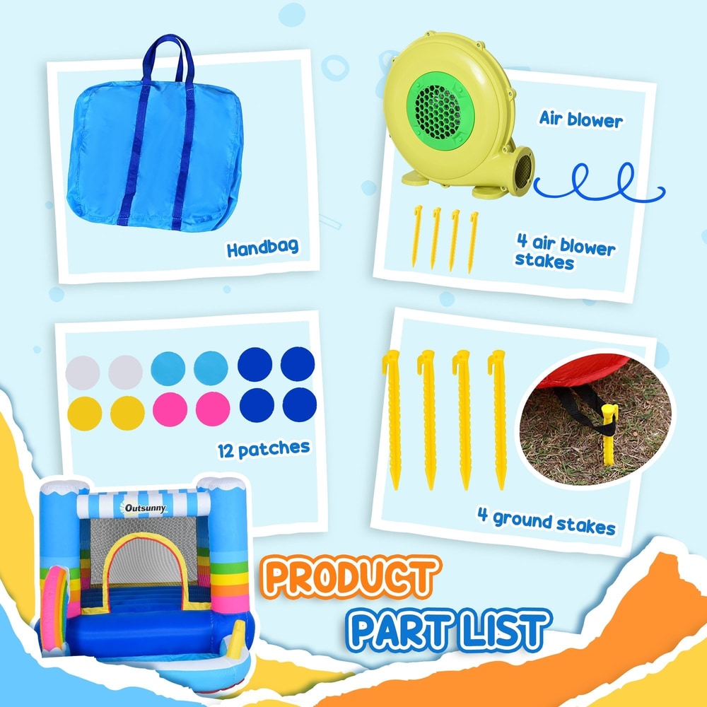 All the parts included with the bouncy castle, including the air blower and carry bag