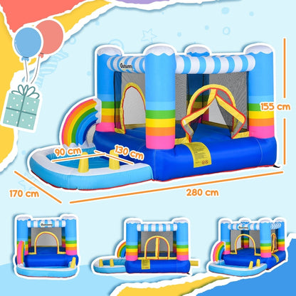 Diagram showing the dimensions of the bouncy castle with trampoline and pool
