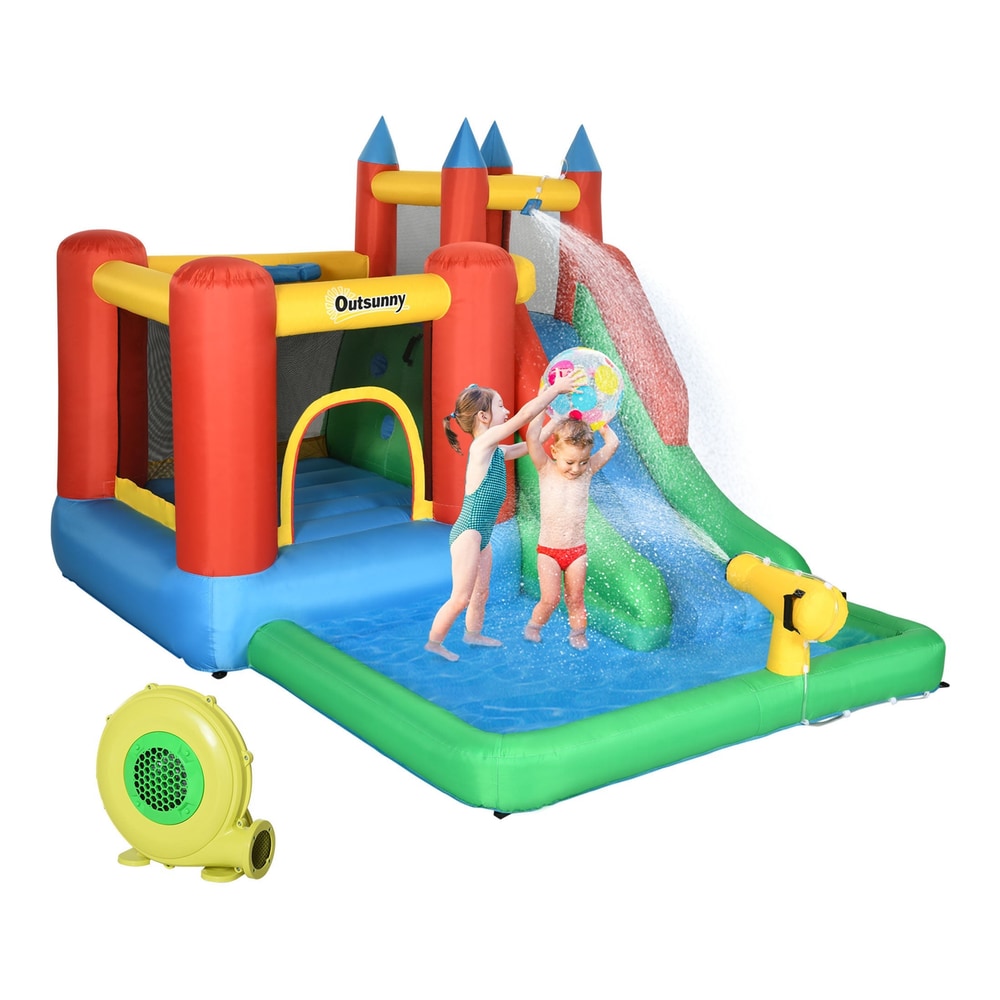 Outsunny Kids Inflatable Bouncy Castle Water Slide 6 in 1 Bounce House with a water slide, pool and climbing wall