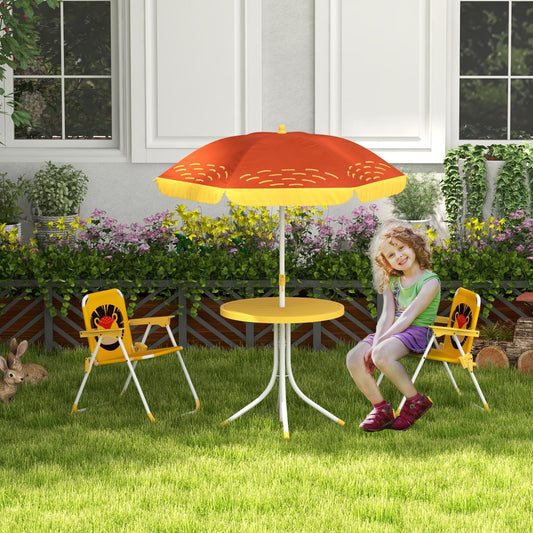 The garden furniture set placed on a lawn with a young girl sitting on one of the chairs