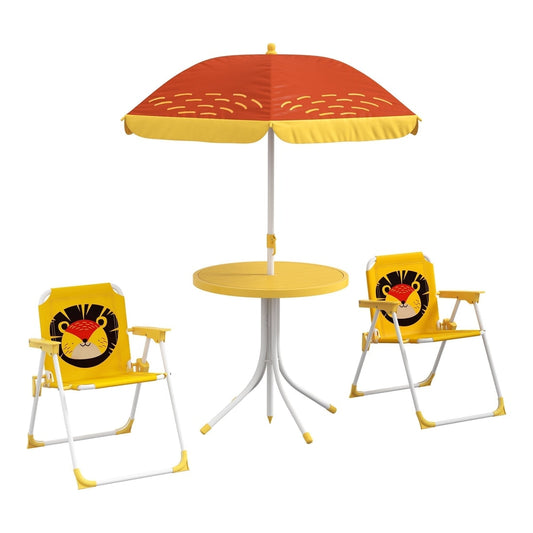 Outsunny Kids Picnic Table and Chair Set with a lion themed parasol and two folding chairs