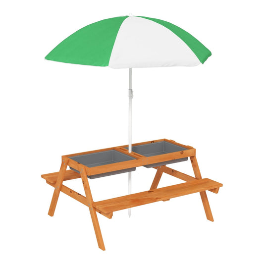 Outsunny Kids Picnic Table with Benches, a wooden table with two attached benches and a green and white parasol