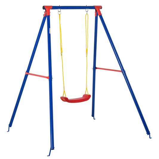 Outsunny Kids Swing Set A-frame stand with a single blue swing seat and red crossbars