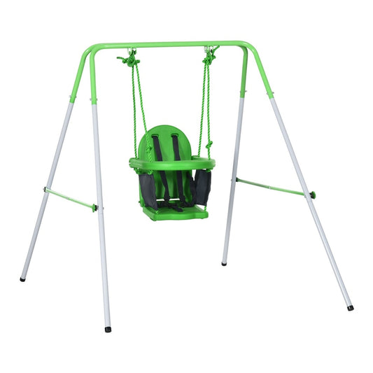 Outsunny Kids Swing, a green nursery swing with a high support back and front guard, on a white background