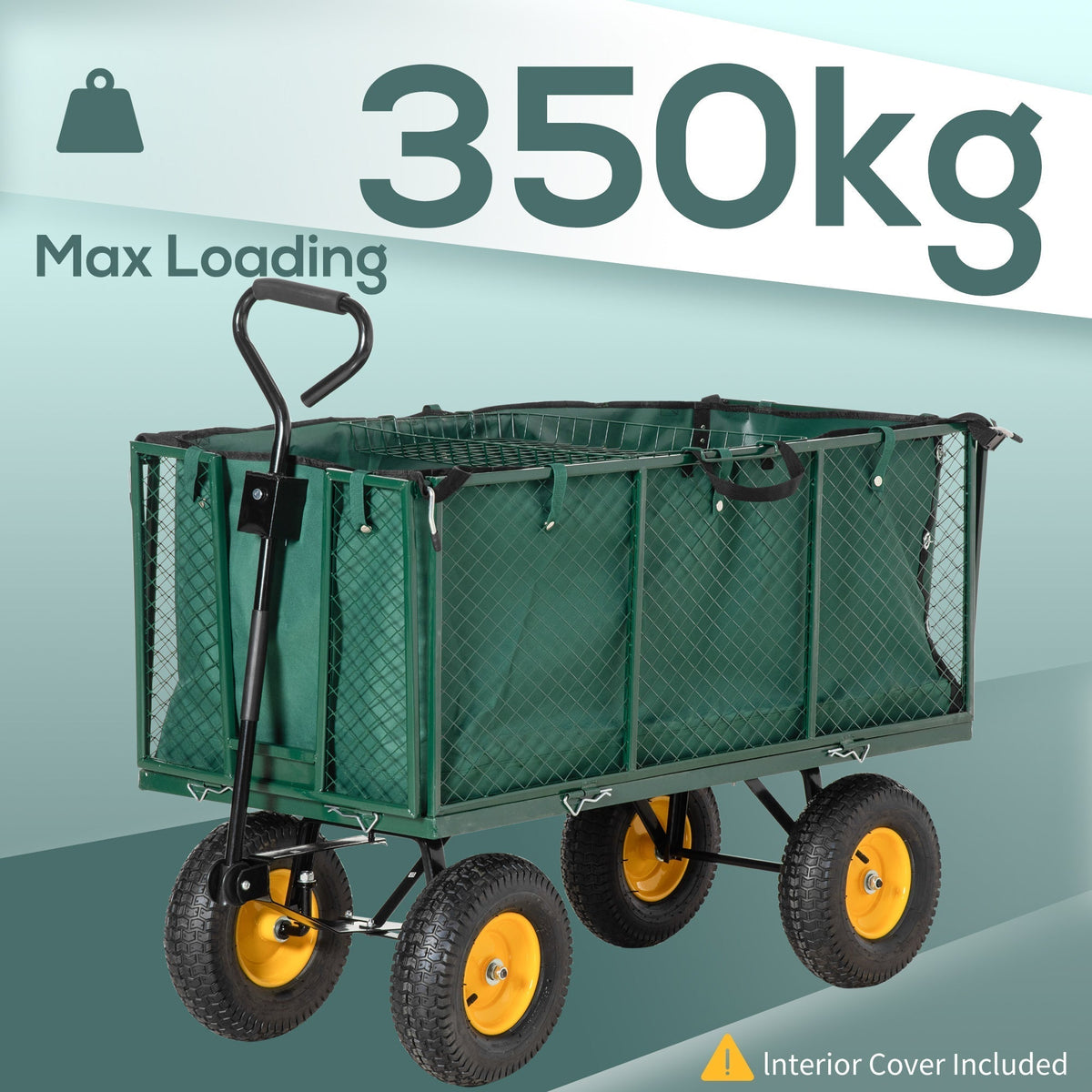 the green garden trolley with a removable interior fabric liner and four sturdy pneumatic wheels