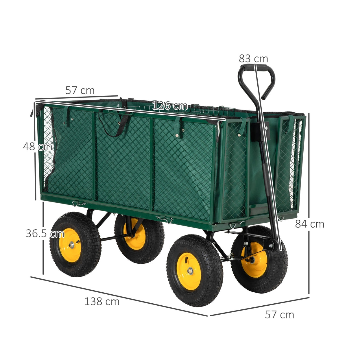 Dimensions of the green garden trolley with a metal frame and four wheels