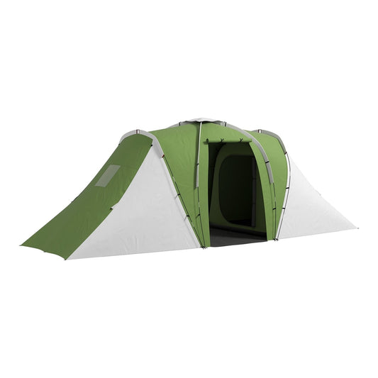 Outsunny Large Camping Tent, a green and white tunnel tent with two bedrooms and a central living area