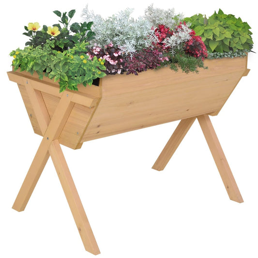 Outsunny Large Fir Wood Raised Plant Stand Oak Tone filled with various plants and flowers