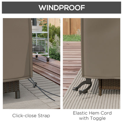 Details of the garden furniture cover's secure fastenings, including straps and toggles