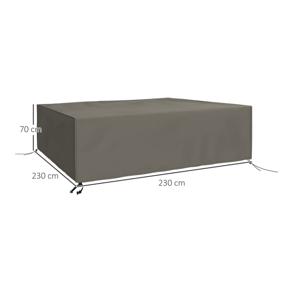 A grey square garden furniture cover with dimensions shown