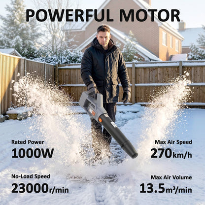 A man operating the garden blower, creating a powerful spray of snow