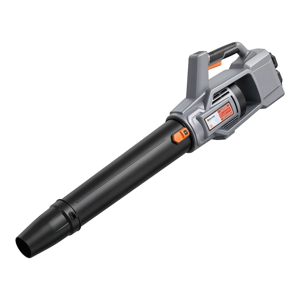 Outsunny Leaf Blower Cordless, a grey and black garden blower with a long nozzle and orange accents