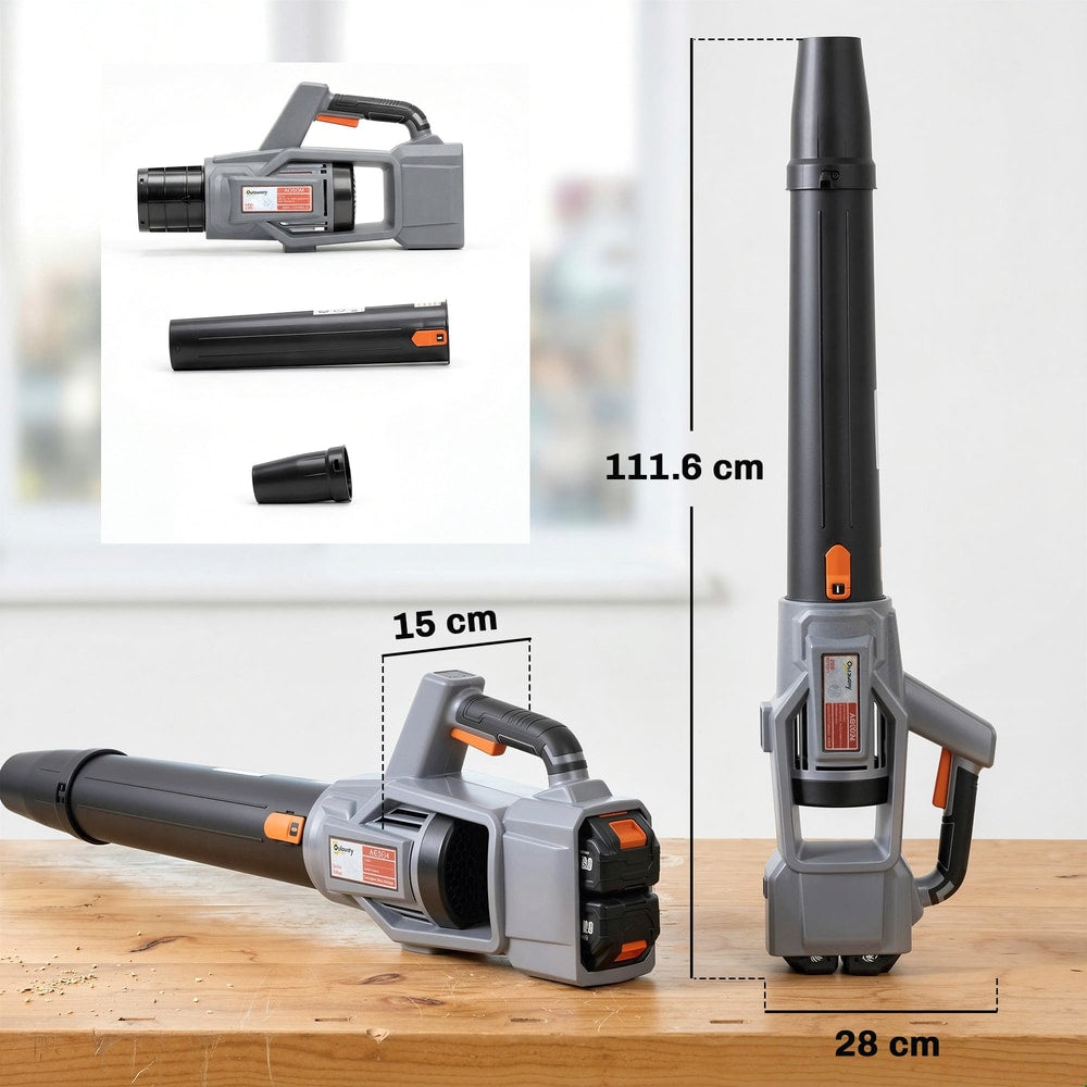The cordless garden blower shown with its nozzle detached and a size diagram