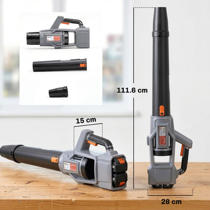 The cordless garden blower shown with its nozzle detached and a size diagram