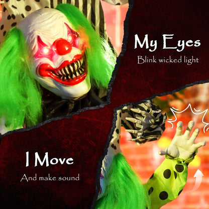 Close up of a scary clown's face with red light up eyes and green hair