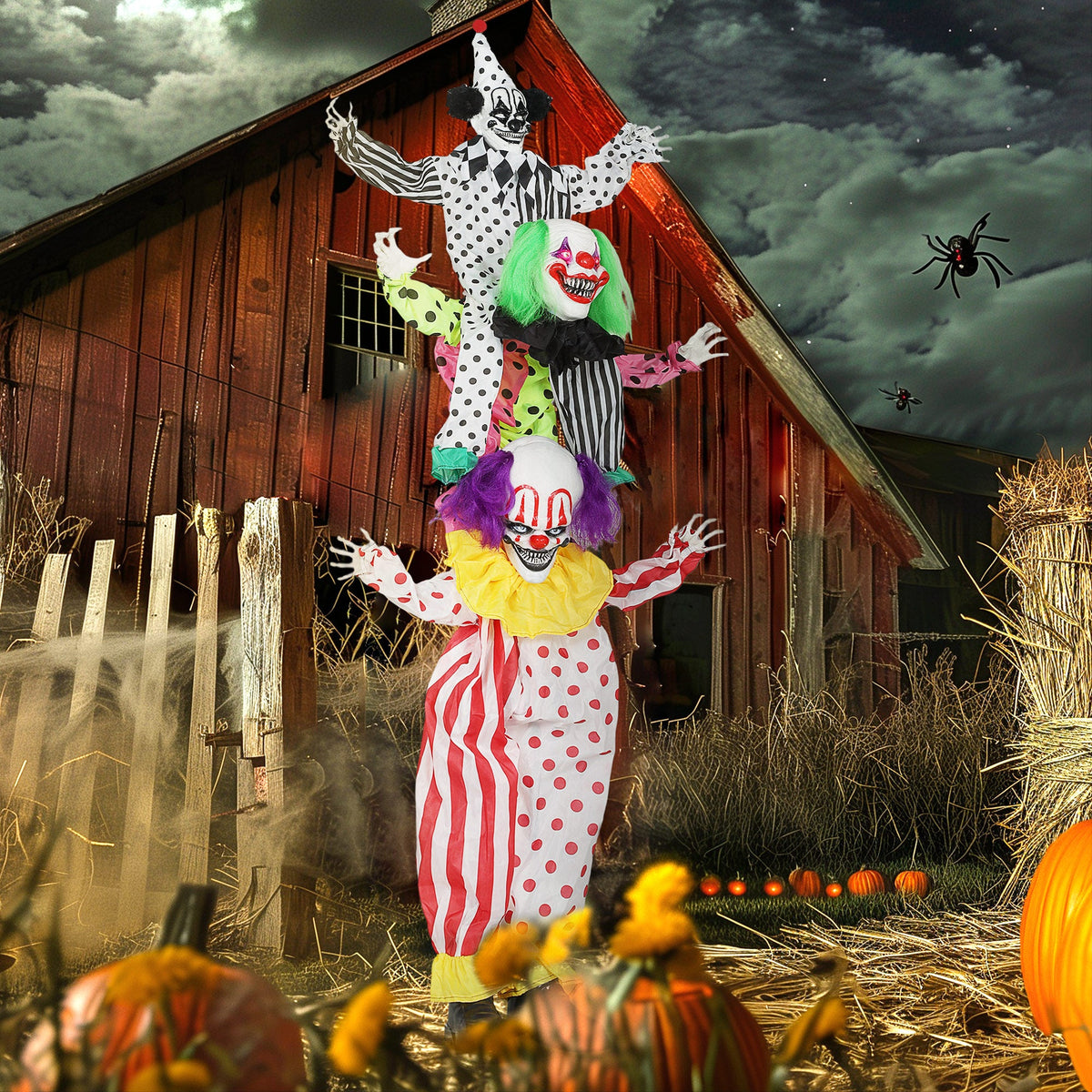 Scary clowns decoration in a spooky outdoor setting with a barn and pumpkins