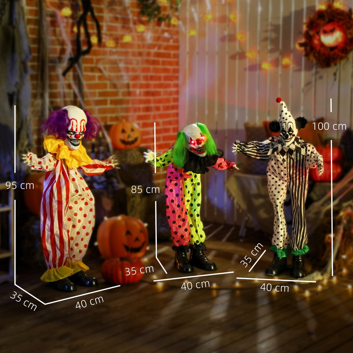 Stackable Halloween animated clown size guide with measurements for each clown