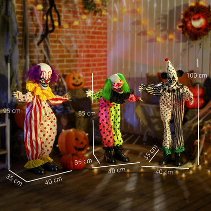 Stackable Halloween animated clown size guide with measurements for each clown