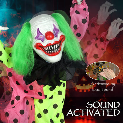 Sound activated scary clown decoration with flashing eyes and moving arms