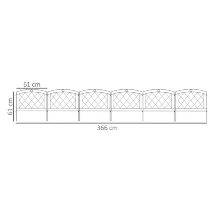 The metal garden fence panels shown with technical lines indicating the height and total length