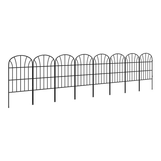 Outsunny Metal Decorative Outdoor Picket Fence Panels, a set of 8 black metal fence panels arranged in a straight line