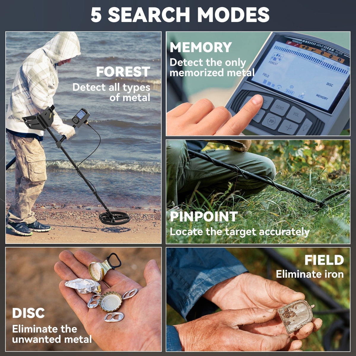The metal detector demonstrating five different search modes and settings in various scenarios