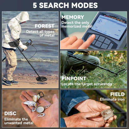 The metal detector demonstrating five different search modes and settings in various scenarios