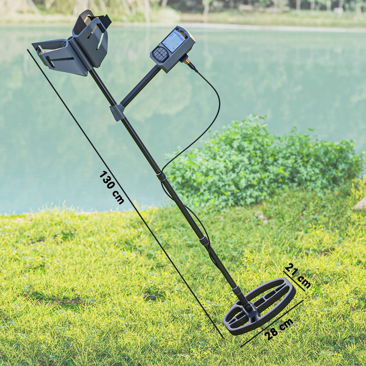 The metal detector standing on a grassy bank by a lake with dimension lines shown