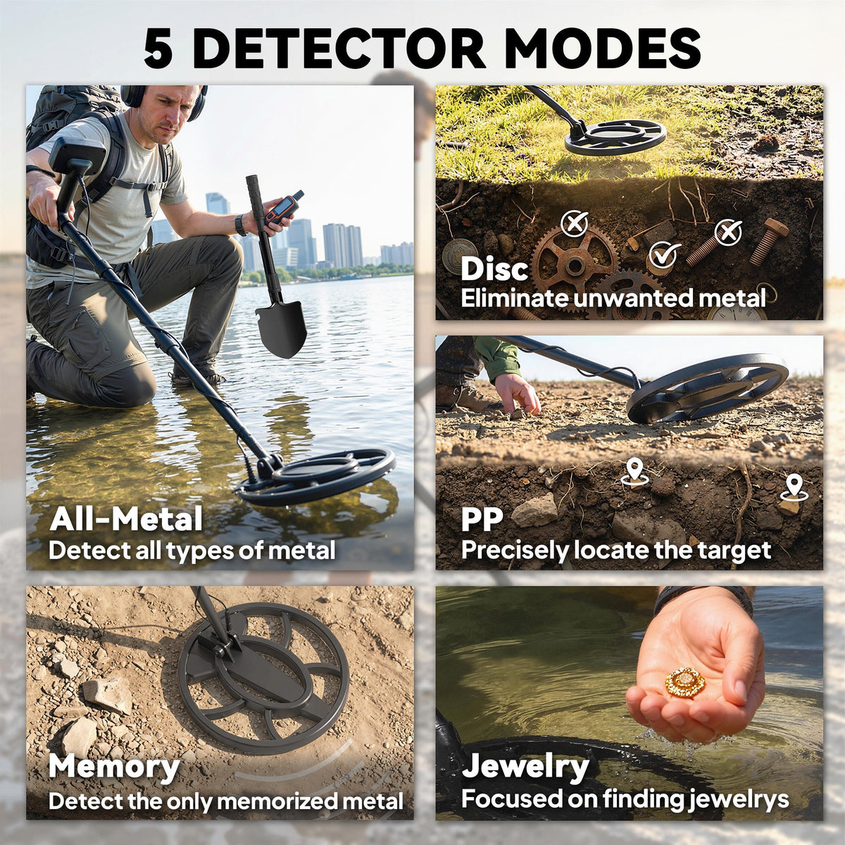 Collage showing the five different modes of the metal detector in various outdoor settings