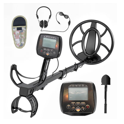 Outsunny Metal Detector showing the main unit, headphones, carry bag and small shovel