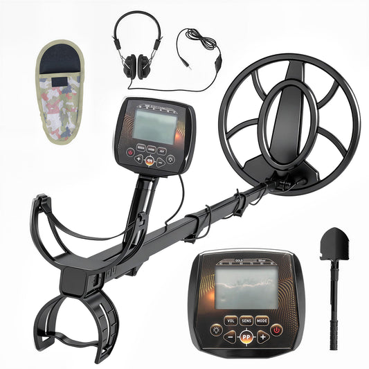 Outsunny Metal Detector showing the main unit, headphones, carry bag and small shovel