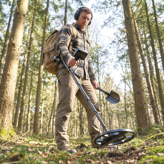 Man using the metal detector in a woodland setting, wearing headphones and a backpack
