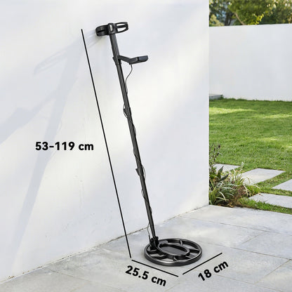 Metal detector leaning against a wall, with dimensions shown for height and coil size