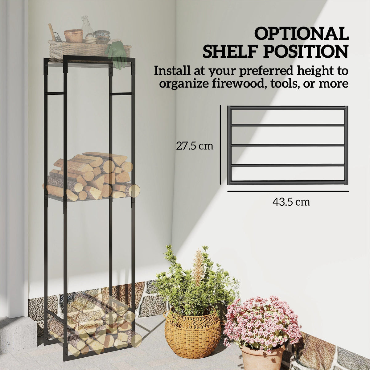 The metal storage rack demonstrating the adjustable shelf position for logs