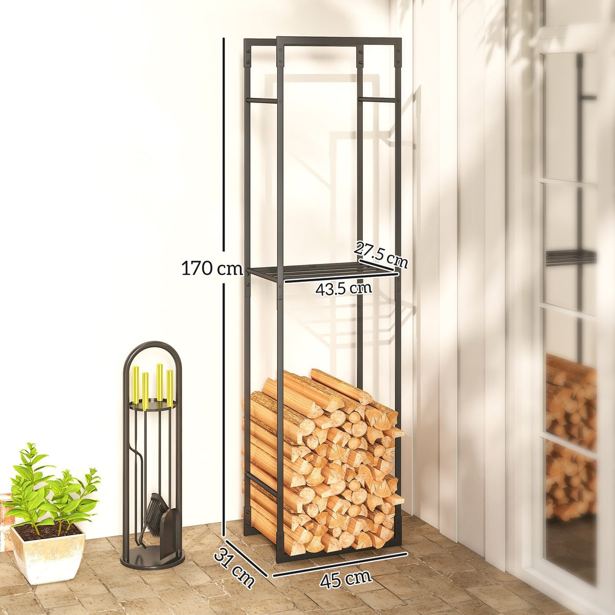 The firewood storage shelf showing dimensions with logs stacked inside