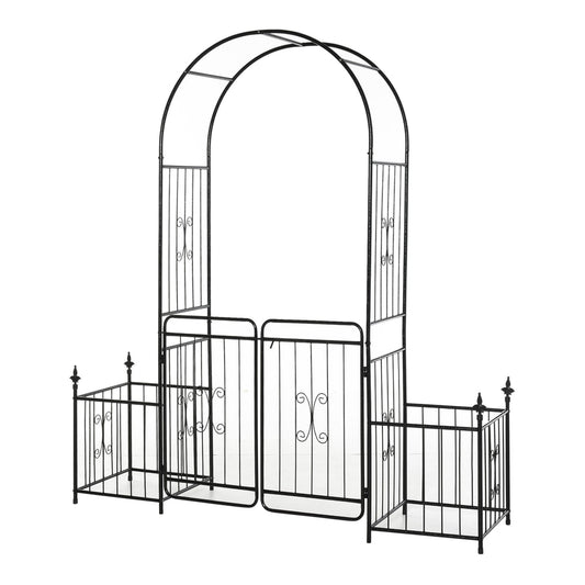 Outsunny Metal Garden Arbor Arch with Double Doors, a black metal archway with two side planter baskets