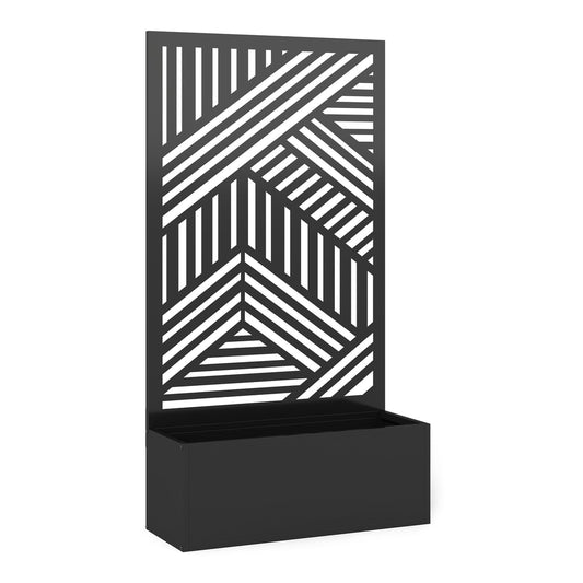 Outsunny Metal Garden Bed for Garden with Trellis, a black rectangular planter with a geometric slatted screen behind it