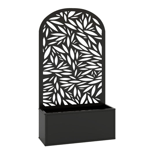Outsunny Metal Garden Bed for Garden with Trellis, a black rectangular planter with a decorative arched metal screen