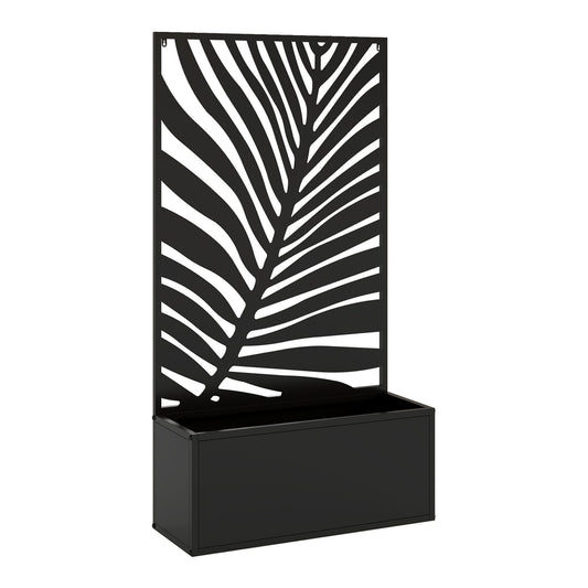 Outsunny Metal Garden Bed for Garden with Trellis, a black planter with a decorative leaf pattern trellis